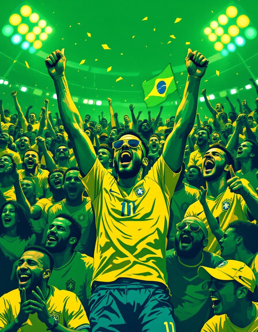 Hinchada brasileña en pop art vistiendo verde y amarillo