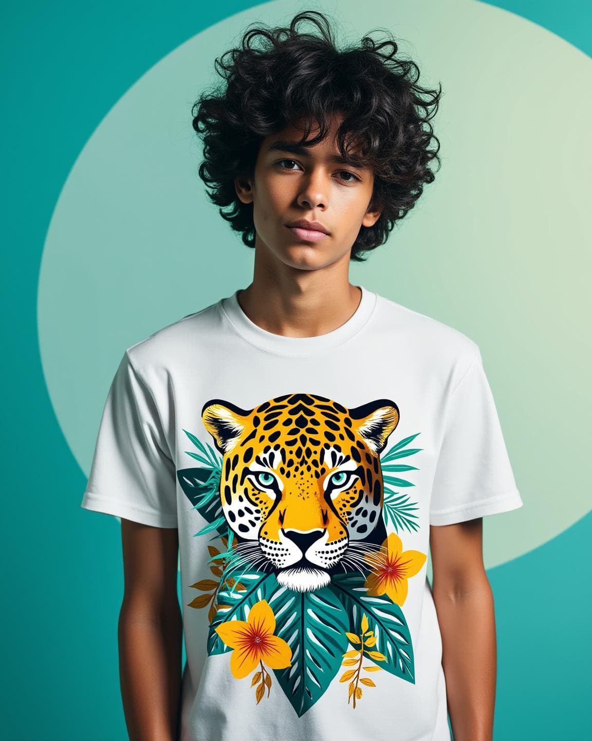 Young Brazilian wearing custom t-shirt with tropical jaguar